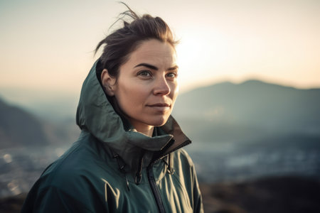 Portrait of a young woman in a green jacket on a background of mountains.の素材