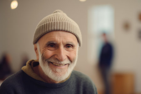 Portrait of smiling senior man in hat and sweater looking at cameraの素材