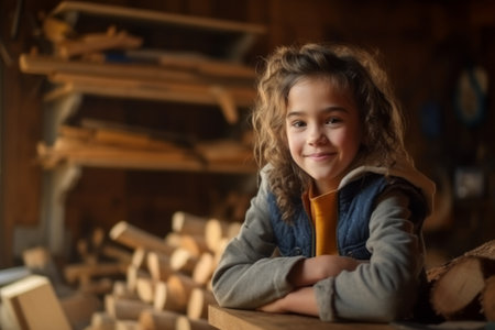 Portrait of a cute little girl with curly hair in a carpenter's workshop.の素材