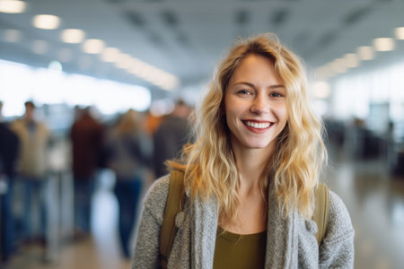 Portrait of smiling young woman standing in corridor at the airport.の素材