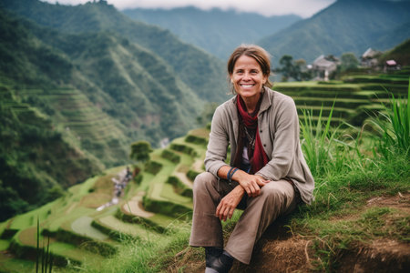 Mature woman on terraced rice field in Sapa, Vietnamの素材