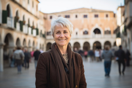 Portrait of a smiling senior woman in the historic center of Verona, Italyの素材