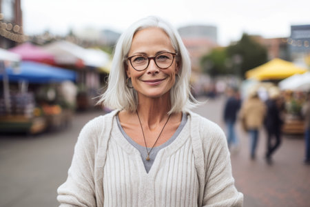 Portrait of senior woman with eyeglasses at fair in cityの素材