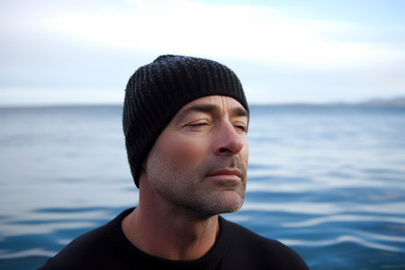 Portrait of a man in a black hat on the background of the seaの素材