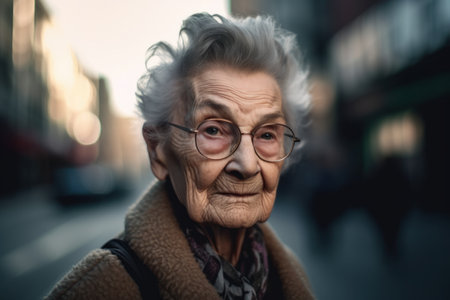 Portrait of an elderly woman in glasses on a city street.の素材
