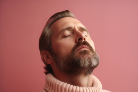 Portrait of handsome man with closed eyes on pink background, closeupの素材