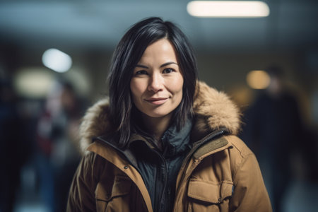 Portrait of a beautiful young woman in winter coat on the subwayの素材