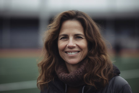 Portrait of smiling woman in sportswear standing on sports fieldの素材