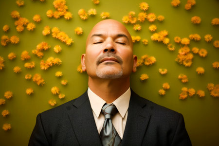 Portrait of a bald man in a suit and tie on a green background with yellow flowersの素材