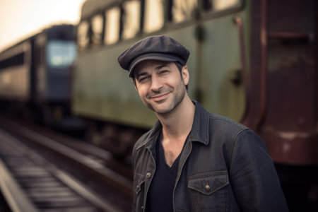 Portrait of a handsome young man standing in front of a trainの素材