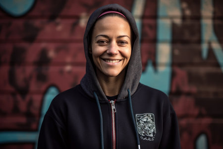 Portrait of a beautiful young woman in a hoodie smiling and looking at the cameraの素材