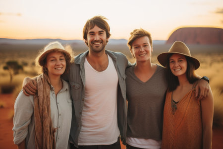 Group of friends standing together in the desert and smiling at camera.の素材