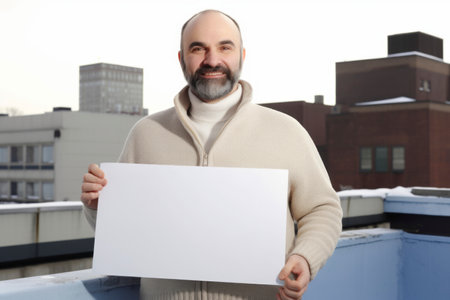 Portrait of a smiling middle-aged man holding a blank sheet of paperの素材
