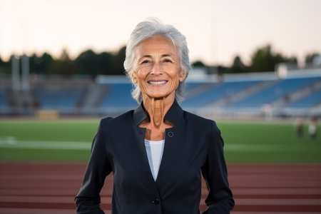 Portrait of happy senior businesswoman smiling at camera while standing on stadiumの素材