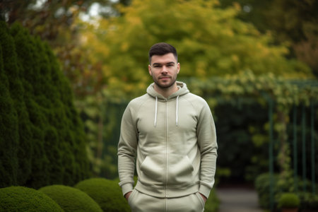 Portrait Of A Young Man Standing In The Park And Looking Awayの素材