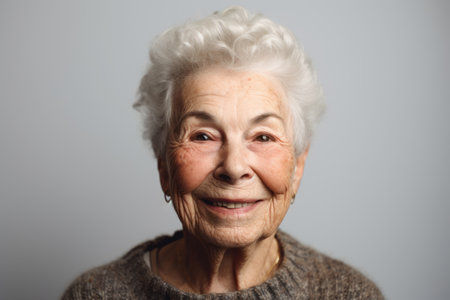 Portrait of a smiling senior woman. Isolated on gray background.の素材