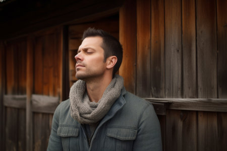 Handsome young man in a coat and scarf on a wooden backgroundの素材