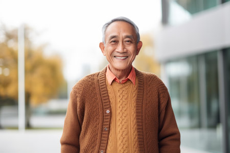 Portrait of happy asian senior man looking at camera in cityの素材
