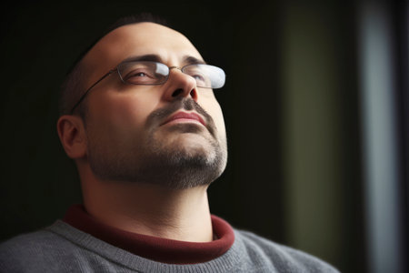 Handsome young man with beard and glasses on dark background, closeupの素材