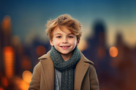 childhood, fashion and people concept - smiling little boy in coat over city backgroundの素材