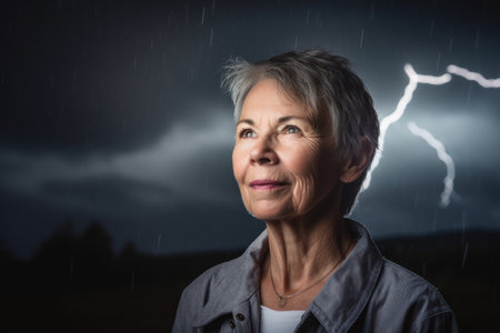 Portrait of a senior woman standing in the rain with lightning in the backgroundの素材