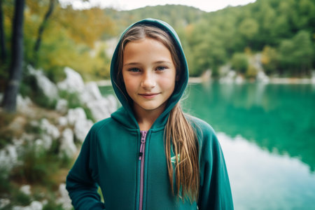 Portrait of a little girl on the background of a mountain lakeの素材