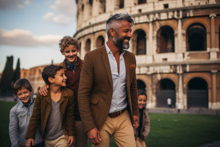 Portrait of happy father and sons in front of Colosseum in Rome, Italyの素材