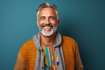 Portrait of a smiling mature man in a sweater and scarf.の素材