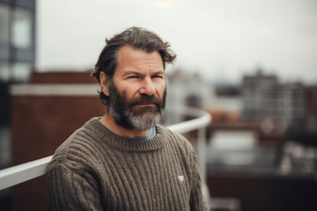Portrait of a handsome mature man with gray beard and mustache, wearing a warm sweater, standing outdoors in the city.の素材