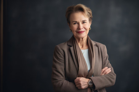 Portrait of a senior business woman standing with folded arms against dark backgroundの素材