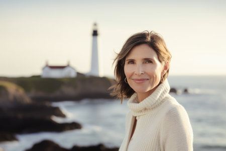 Portrait of smiling woman standing by lighthouse in the morning at the coastの素材