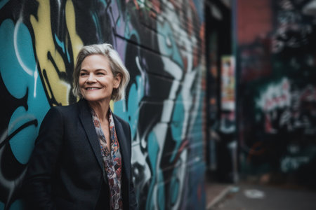 Portrait of a beautiful middle aged woman in front of graffiti wallの素材