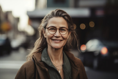 Portrait of smiling middle aged woman in eyeglasses looking at camera in cityの素材