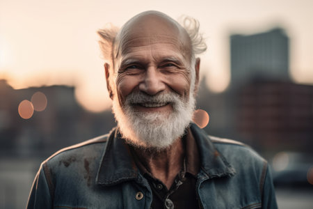 Portrait of a handsome senior man with gray beard and mustache outdoorsの素材