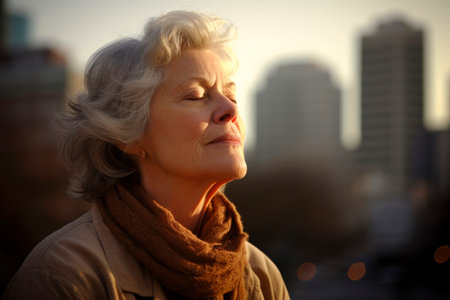 Close up portrait of a beautiful senior woman with eyes closed and enjoying the city viewの素材