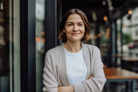 Portrait of a smiling businesswoman standing with arms crossed in a cafeの素材