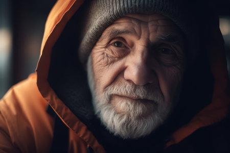 Portrait of an elderly man in a warm jacket and cap.の素材