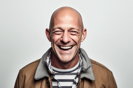 Portrait of a smiling bald man in a brown jacket and scarfの素材