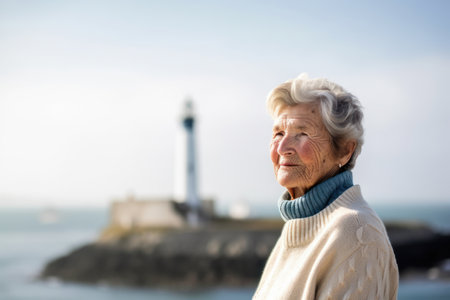 Portrait of senior woman standing in front of lighthouse on the coastの素材