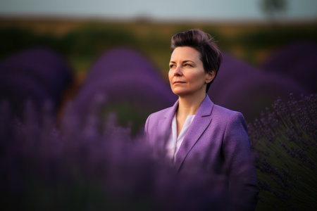 Portrait of a beautiful middle-aged woman in lavender fieldの素材