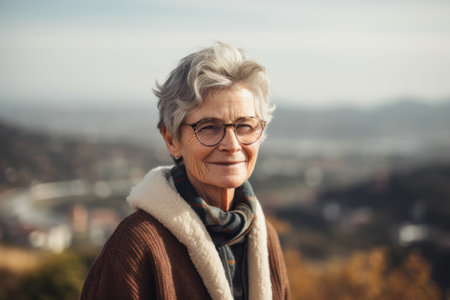 Portrait of a senior woman with glasses on the background of the cityの素材