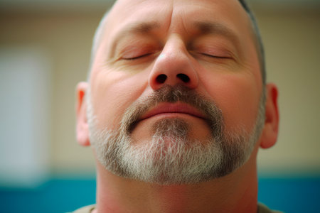Portrait of a man with gray beard and mustache close up.の素材