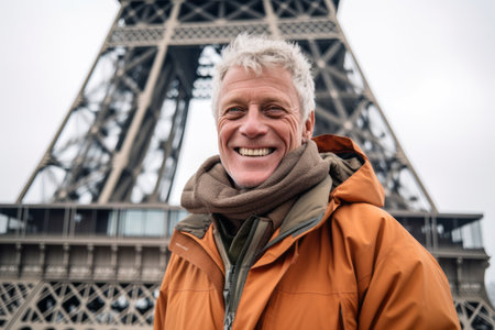 Portrait of a happy mature man in front of Eiffel tower in Paris, Franceの素材