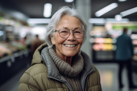 Portrait of happy senior woman in eyeglasses looking at camera in supermarketの素材