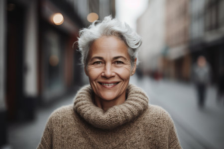Portrait of a smiling senior woman wearing a warm sweater in the cityの素材