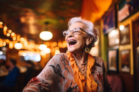 Cheerful senior woman taking a selfie in a cafe. Portrait of a beautiful senior woman in a cafe.の素材
