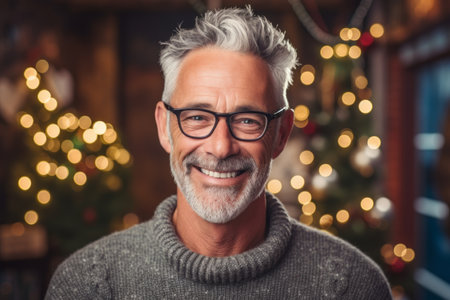Portrait of smiling senior man with eyeglasses against christmas treeの素材