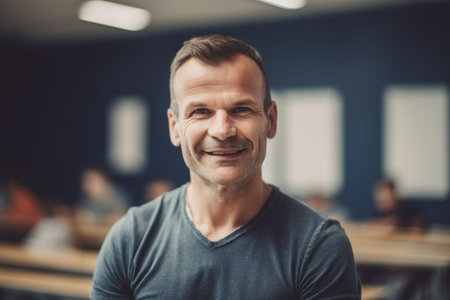 Portrait of smiling mature man looking at camera while sitting in classroomの素材