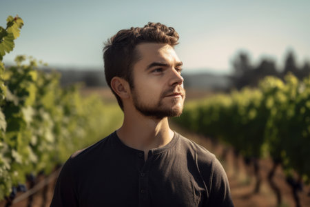 Portrait of a handsome young man in a vineyard. Portrait of a handsome young man in a vineyard.の素材