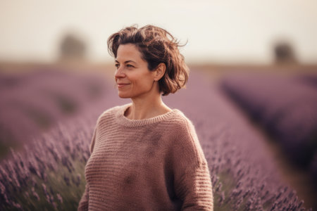 Portrait of a beautiful middle aged woman standing in a lavender fieldの素材